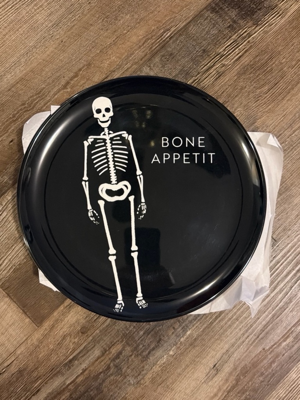 Target Black Halloween Skeleton Serving Plate with White 'Bone Appetit' Graphic